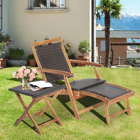 Conjunto de muebles de jardin de 2 piezas compuesto por silla con reposapies extensible y mesa auxiliar fabricado en madera de acacia marron