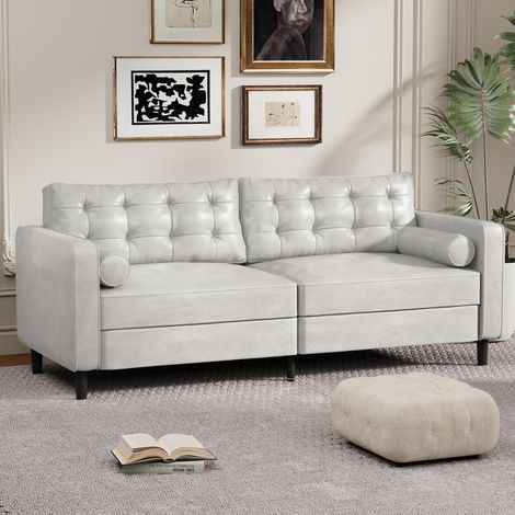 YODOLLA 3 Seater Sofa Large, 214cm Modern Sleeper Sofa Loveseat, Tufted Synthetic Suede Fabric Sofa with 2 Bolster Pillows, White (1/5)