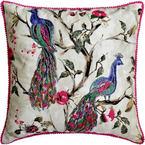 Rosavioletter, 50 x 50 cm großer Kissenbezug aus Baumwolle mit Pfauenmotiv, Perlenstickerei, Pompon-Spitze und Blumenmuster, geeignet für Sofas - Tavas