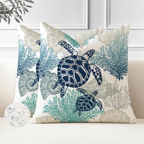 Housse de Coussin 50 x 50 Taie d'oreiller Lot de 2 Tortue Hippocampe Housse Coussin en Polyester Exterieur Impermeable Coussin Decoratif Canape Carre pour Patio Lit Voiture Vert (1/5)