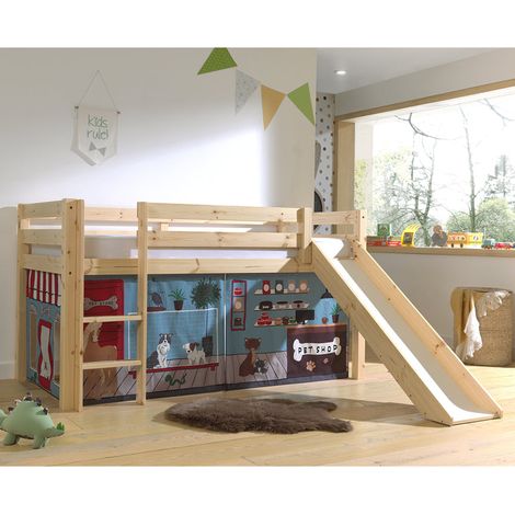 Cama de media altura 90x200 con tobogán, somier y funda Pet Shop Vipack Pino Madera (1/4)