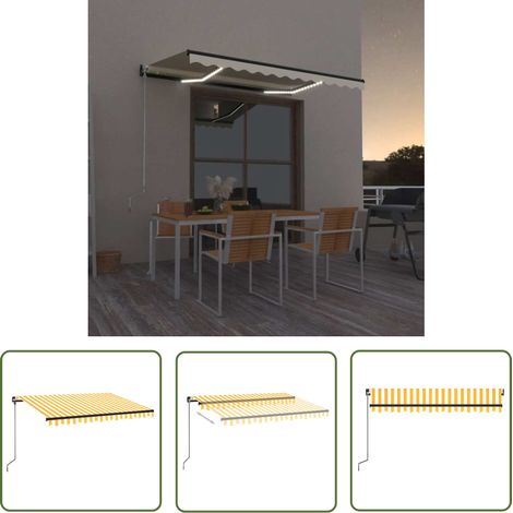 The Living Store Auvent manuel rétractable avec LED 350x250 cm Jaune et blanc - Store Exterieur - Auvent Retractable - Abri Soleil - Pergola Pliable - Terrasse Couverte (1/5)