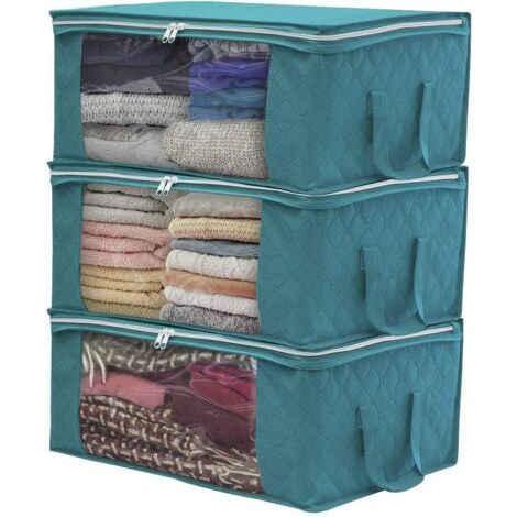 QORVA-Lot de 3 boîtes de rangement en tissu pliable, sac de rangement sous le lit pour vêtements, rangement de vêtements avec fermeture à glissière, utilisé pour couvertures, vêtements, 48 x 35 x 20 c