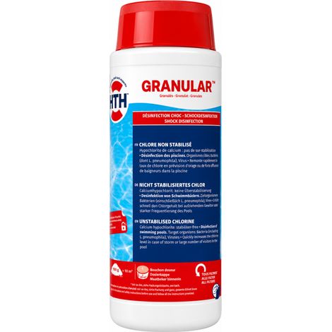 HTH – Désinfectant chloré de piscine granulés 2,5 kg – Hypochlorite de calcium – Chlore choc rapide pour eau saine et cristalline