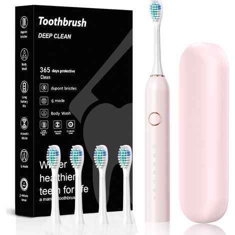 Brosse À Dent Électrique Soniques pour Adultes - Brosse A Dent Sonique avec 4 Têtes de Brosse et Étui de Voyage Rose (1/5)