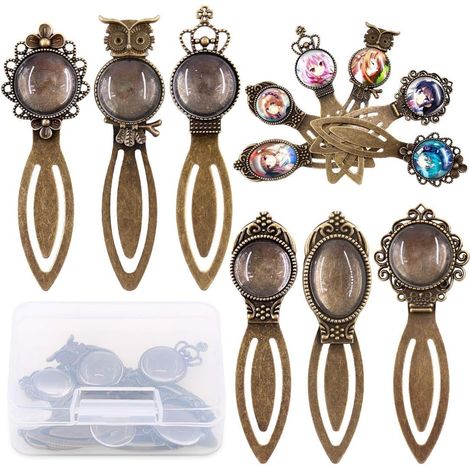 Juego de 12 marcapáginas de bronce antiguo con 6 bandejas surtidas y 7 cabujones de vidrio para la elaboración de pulseras, collares y joyas. (1/5)
