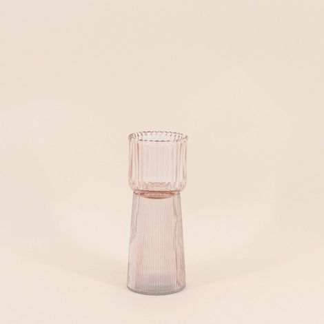 Bougeoir en verre strié rose 19cm (1/4)