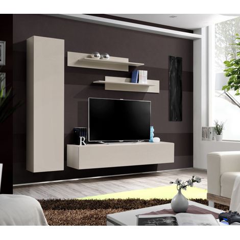 Ensemble meuble TV mural Fly G1 - Bois MDF cachemire - 200 x 170 x 40 cm - Livraison gratuite