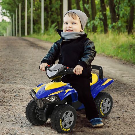 Quad de juguete para niños de 18 a 36 meses, Dimensiones: 60 cm de largo x 31 cm de ancho x 42 cm de alto, Efectos de luz y sonido, Azul y amarillo