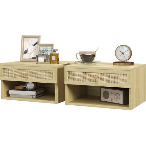 Set aus 2 wandmontierten Nachttischen mit Schublade, Ablagefach und Regal, aus Holz, 40 x 34 x 23 cm