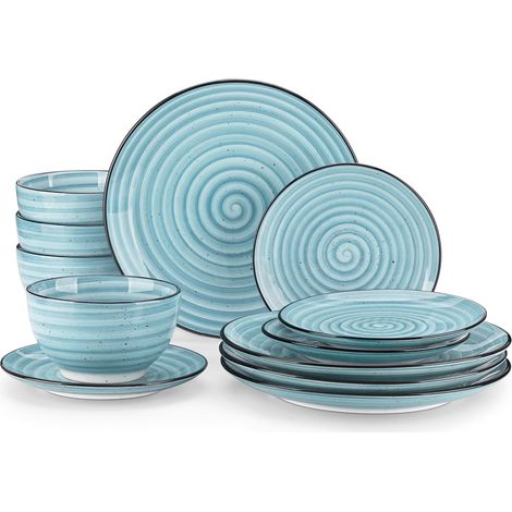 Service de table 12 pièces BONBON bleu, ensemble de vaisselle pour 4 personnes, assiettes et bols, motifs spirales peints à la main, compatible micro-ondes et lave-vaisselle (1/5)