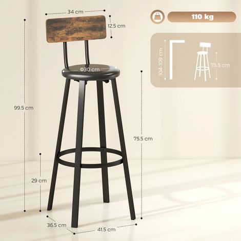 Ensemble de deux tabourets de bar de style industriel, couleur marron rustique, avec dossiers, assises en similicuir et repose-pieds. (1/5)