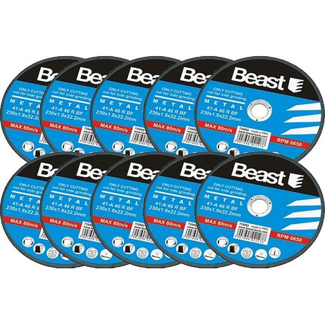 Lot de 10 disques à tronçonner 230 x 1.9 x 22.2 mm – Épaisseur 1.9 mm – Pour acier et métaux – Régime max 6500 tr/min – Beast