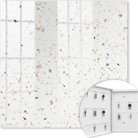 Armoire à clés - (30 cm x 30 cm) - Boîte à clés murale - Coffret de rangement pour clés - Couleur blanche - Ouverture vers la gauche - Pour maison et bureau - Terrazzo lumineux (1/5)