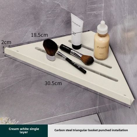 (1 pièce blanche A) Étagère de salle de bain triangulaire avec bonde, sans perçage, fixation murale, étagère d'angle, porte-accessoires de douche en acier au carbone avec crochets. (1/5)