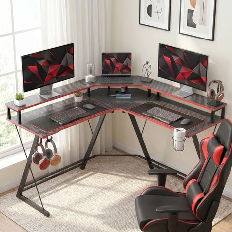 Bureau d'ordinateur en L avec prises électriques, bureau d'angle de 128 cm avec support pour écran, crochet pour casque et porte-gobelet (1/5)
