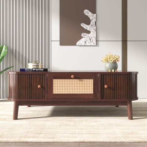 Table basse en rotin tiroirs portes coulissantes lattes bois massif style champêtre naturel 80x40x35cm