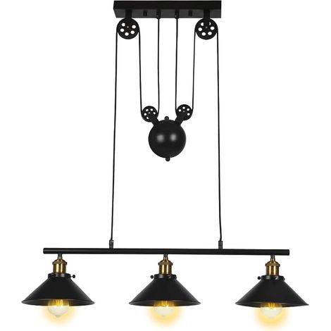 Lampe À Suspension Vintage Industrielle Suspension Luminaire Rétro À Poulie Abat-Jour En Métal Noir E27 Pour Cuisine, Bar, Couloir, Salle À Manger (1/5)