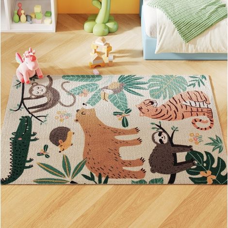 Tapis salon jungle doux antidérapant crème et multicolore 160 x 120 cm, style campagne pour chambre, bureau ou entrée, facile à entretenir CHICFURN (1/5)