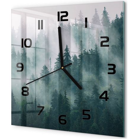 Horloge Murale Carrée Originale en Verre Silencieuse Design Moderne Salon Brouillard au-dessus de la forêt 30x30 cm (1/5)