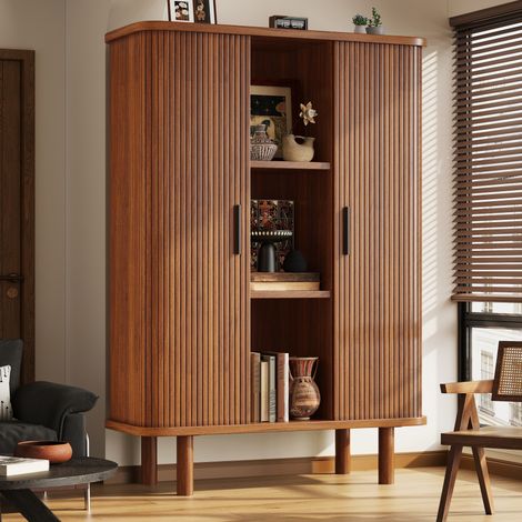 Armadio alto con anta a serrandina e ripiani aperti in MDF 110 x 40 x 160 cm marrone scuro OKWISH (1/5)