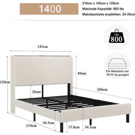 Cadre de lit 140x200 cm avec sommier tapissé et tête de lit en tissu, bords ailes, lattes métalliques antidérapantes et silencieuses, sans sommier à ressorts (1/4)