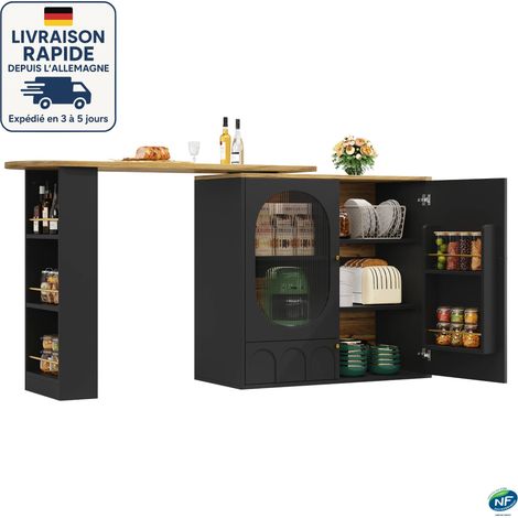 MODFU - Aparador de cocina con mesa de bar giratoria 360°, 2 puertas, con estantes extraíbles, 138/204x39x102 cm, MDF, negro (1/5)