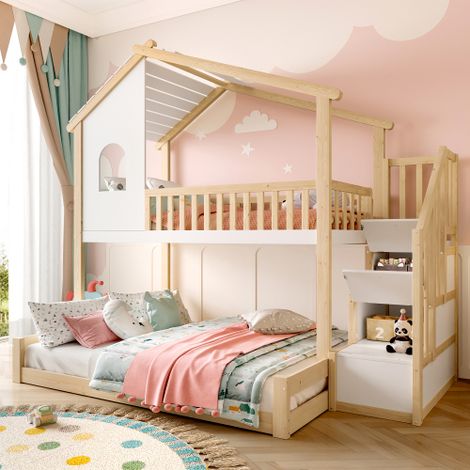 Lit superposé 90x200cm, lit cabane avec barrière et échelle de rangement, en bois, naturel et blanc, sans matelas (1/5)