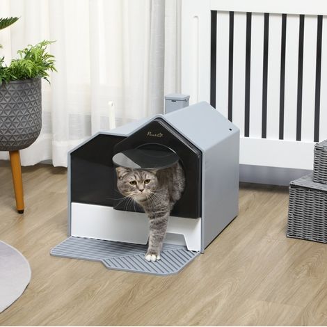 Casa de aseo para gatos con pala, bandeja extraíble y alfombrilla de salida, gris HAVRYA (1/5)
