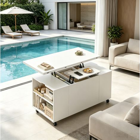 Höhenverstellbarer Couchtisch 100 x 50 x 53 cm mit feststellbaren Rollen, weiß OKMYHOME (1/5)
