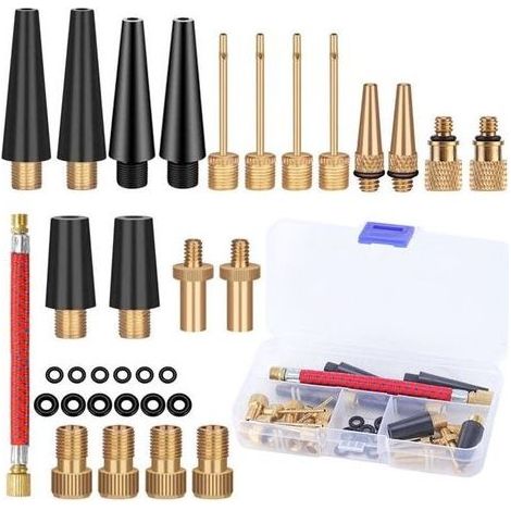 33 Pièces Embout Pompe Velo Gonfleur Ballon, Adaptateur de Valve avec Tuyau de Gonflage, pour Vélo, DV SV AV Adaptateur Pompe Velo avec Boîte de Rangement, Pompe à Vélo et Compresseurs Pompes (1/4)