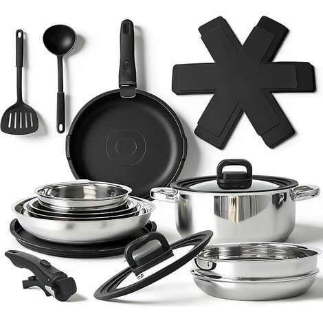 GBLY Set Pentole Manico Rimovibile 17 pezzi Antiaderente Coperchio Tutti Piani Cottura Forno