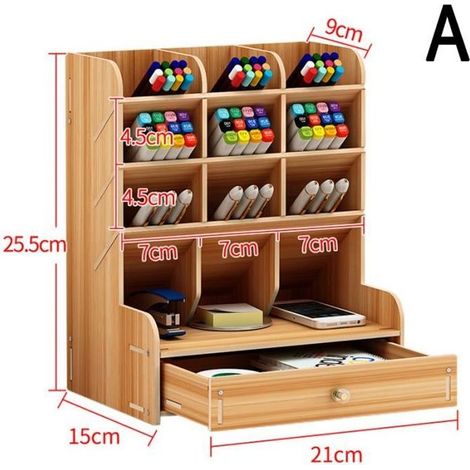 Multi-fonction 5 grilles Porte-crayon de bureau Rangement de stylo Boîte en bois Organisateur de bureau avec tiroir - A (1/4)