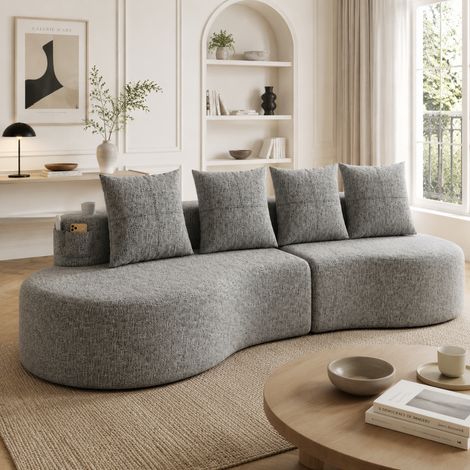Canapé en lin avec 4 coussins, garnissage en mousse haute densité et plumes, porte-gobelet intégré et poche latérale – Design élégant, confortable et respirant, idéal pour salon, chambre d'amis ou bal (1/5)