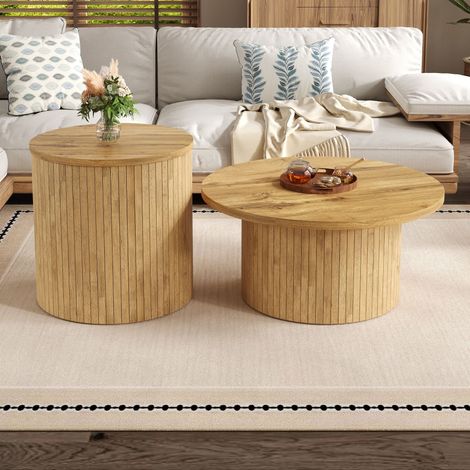 Ensemble table basse - 75x75x36+50x50x50.5cm - Plateau rond - Motif à rayures verticales - MDF - Naturel