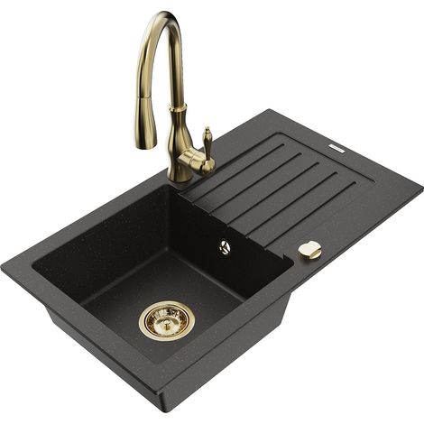 Mexen Pablo 1 Becken-Granitspüle mit Abtropffläche und Mischbatterie Savita, Schwarz/Gold metallisch