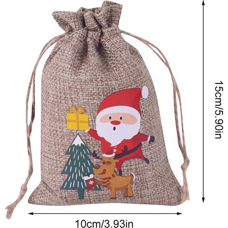 Lot de 10 sacs cadeaux de Noël en lin, décorés sur le thème du Père Noël, pour ranger bijoux, chocolats et bonbons. Idéaux pour les enfants et parfaits pour les fêtes de Noël.