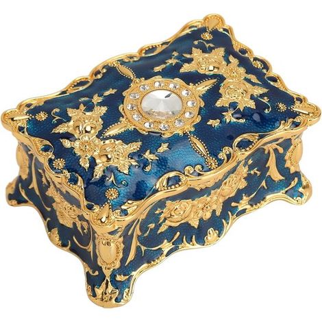 Portagioie rettangolare vintage in metallo oro e blu, piccolo organizer, espositore e scatola portagioie decorativa per donna. (1/5)