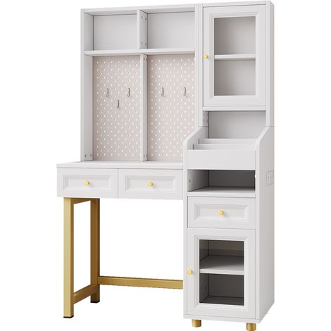 Coiffeuse avec éclairage LED, organisateur mural à 5 crochets, 2 prises, USB et USB-C, vitrine en verre, 3 tiroirs, étagères ouvertes, blanc, 100x156x45 cm (1/5)