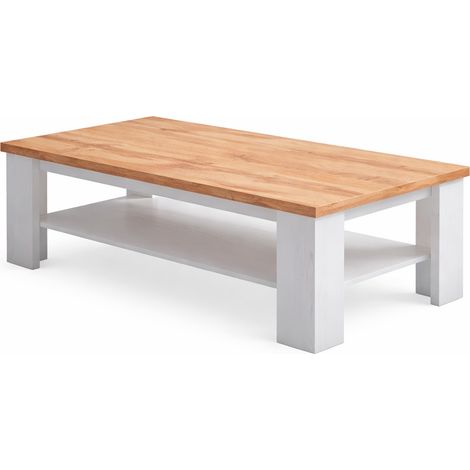 Tavolino Da Caffè Con Ripiano Inferiore E Vano A Giorno Tavolo Basso Moderno Design Elegante Minimal Per Soggiorno Salotto Zona Living Struttura Resistente 41 x 130 x 67 Cm Colore Bianco E Rovere