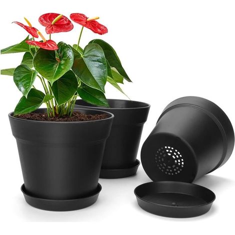 Pot De Fleurs Noir, Pot De Plante Avec Soucoupe, Pots Pour Plantes D'intérieur, Pour Fleurs, Herbes, Bonsaïs, Orchidées (Ensemble De 3 Pièces, 15 Cm) (1/5)