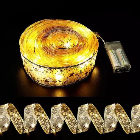 MINKUROW Nastro Lucido Stringa Luci, Nastro Led 5m Luci Natale Stringa, Nastro Albero Di Natale A Led, Fiocco In Pizzo Fai Da Te A Batteria Decorazioni Natalizie Albero Vacanze Interni Esterni Oro + L (1/3)