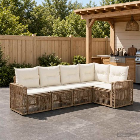 Ensemble canapé de jardin modulable 5 pièces en polyrotin beige et blanc crème - PANGIVO (1/5)
