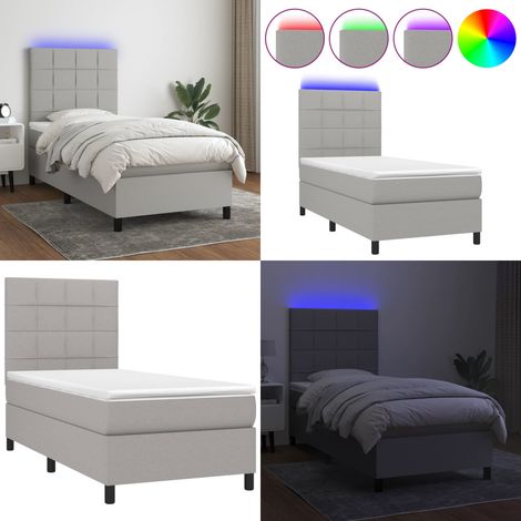 Cama box spring colchón y luces LED tela gris claro 90x190 cm - Colchón con luz LED - Cama con cabecero ajustable