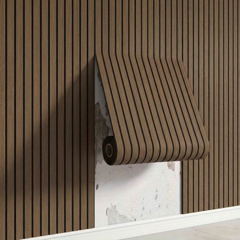 Papier Peint Adhésif 3D Effet Bois Rainuré, Revêtement Mural Auto-adhésif à Rayures et Motifs Quadrillés, Décoration Intérieure Style Nanmu
