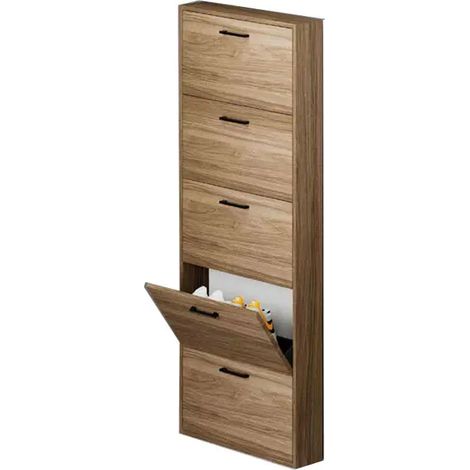 Meuble à chaussures slim en bois nobilité 5 portes noyer naturel 180x65x15
