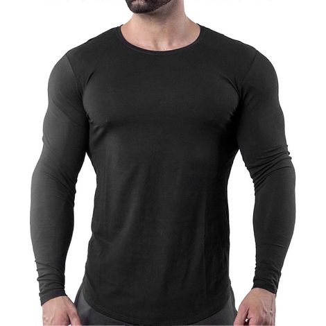 Herren Langarm-T-Shirt, atmungsaktiv, schnelltrocknend, Baumwollmischung, Stretch, Fitness, Laufen, Sport, Muskelshirt (1/5)