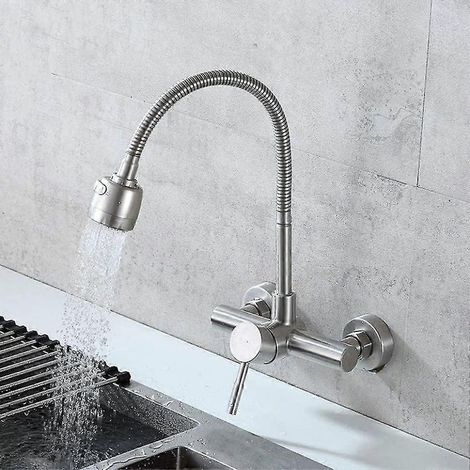 Robinet de cuisine mural pivotant à 360° avec douchette, mitigeur eau chaude/eau froide pour évier, levier unique (1/4)