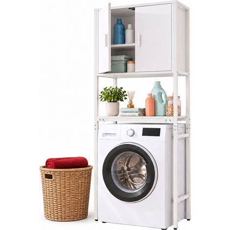 Relaxdays Waschmaschinenschrank, 3 Fächer, Regal über Waschmaschine, Trockner, Toilette, HxBxT: 170 x 64 x 27 cm, weiß (1/5)
