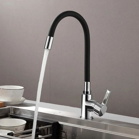 Flexible Küchenarmatur mit hohem Schwenkauslauf, Einloch-Mischbatterie aus Messing für Warm- und Kaltwasser, Schwarz (1/4)